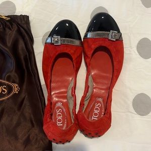 Tods size 9 worn once flats in red black and silver